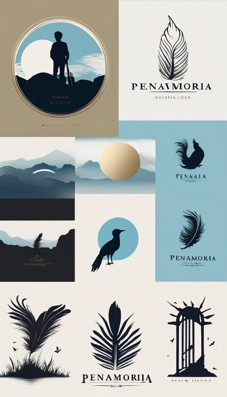 A minimal, modern, simple, cinematic logo design for the brand “Penamemoria". The logo design must be a simple, silhouette of a boy, standing up, playing acoustic guitar and fantasy feather by his side. The logo must convey a sense of music, stories, memories and dreams. Logo design impressed on a book cover. Minimalistic logo. Light blue, white and soft golden as colors for the logo design