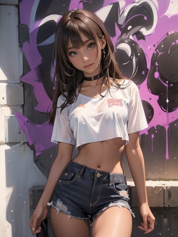 ((((Brown Skin、Dark Skin、Black Skin、Ultra-Realistic Skin))))One girl、Age 25、Oversized breasts、Crop top、Shorts Jeans、rose、Crop top、Shorts Jeans、choker、（Graffiti：1.5）、Purple lightning splash。、Arms behind your back、Leaning against a wall、Facing the viewer from the front。、Thigh straps、Tilt your head、boredom、Watery eye、((Full shot from directly below))