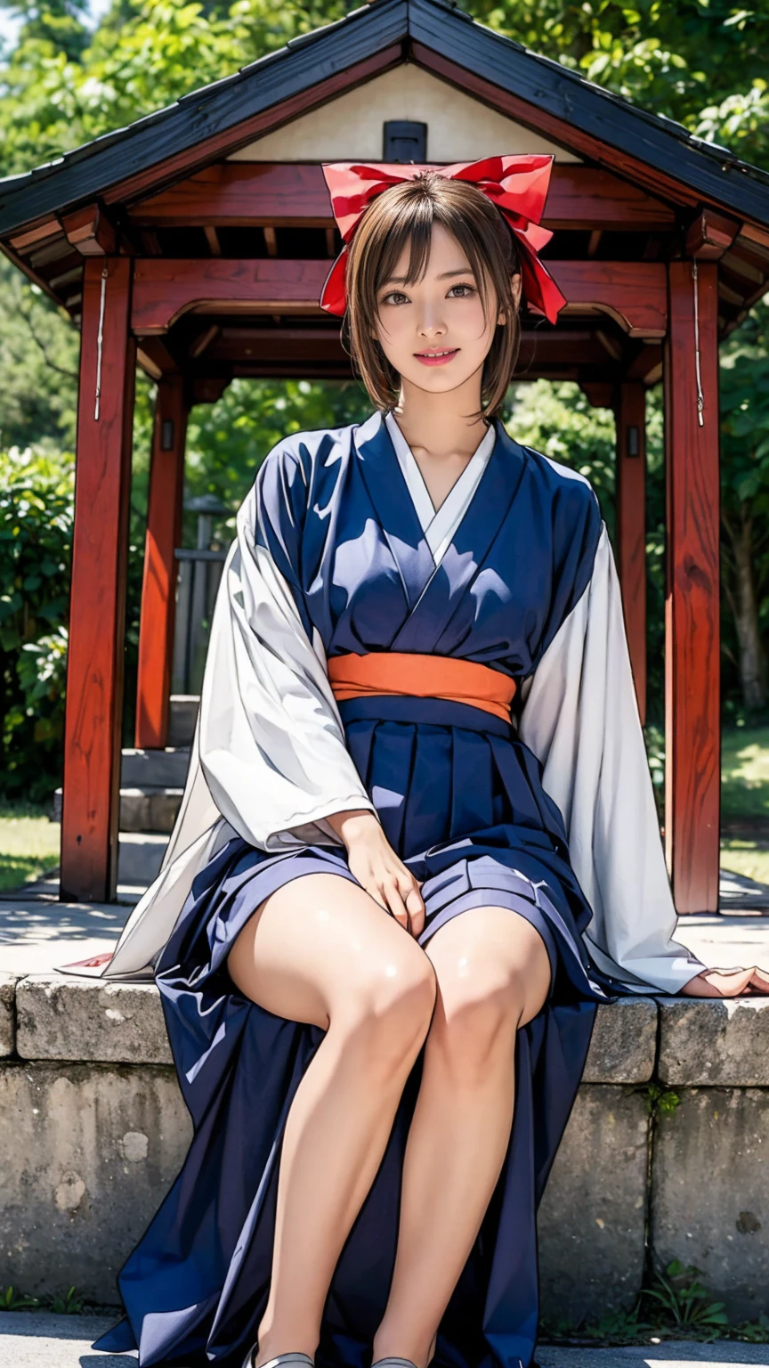 ((masterpiece)),(((Highest quality))),((Character design sheet)),Thin thighs,Long legs, One girl, Honoka, Shrine maiden, Hakama skirt, Sitting, shrine, smile