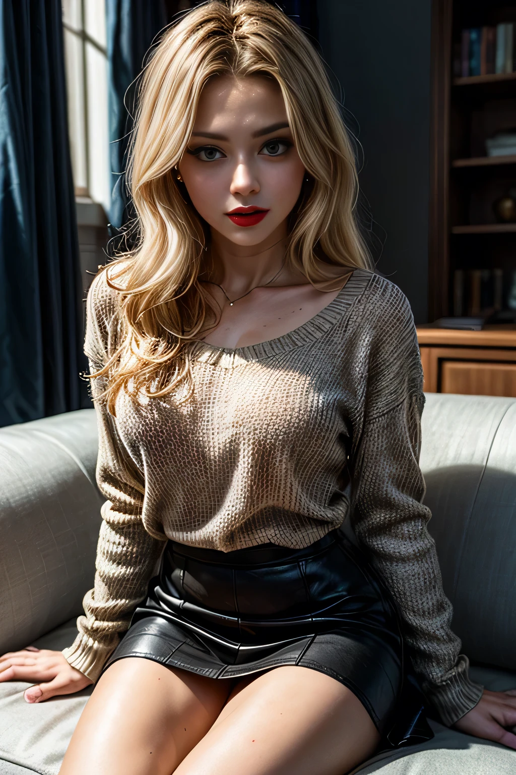 masterpiece, 8k, Award-winning photo, photoRealistic, Realistic, Very detailed, Ultra-high resolution, Ray Trakun, ///one person, The most beautiful, 20-year-old , (sexy, Japanese Idols), (blonde:1.2),///Human details Shiny skin , Detailed skin , Beautifully detailed face , Beautiful details , beautiful 歯, /// (double eyelid, Droopy eyes), Natural Lip, (Brightly colored large breasts:1.2), Sunburn, ///(((whole body,Crossing your legs))), (from the front:1.3), Remember, ///office, Blurred Background, Very detailedな背景, /// Earrings,necklace,(((露肩sweater, 女式镂空sweater, sweater, 黑色針織sweater), mini skirt, (beige mini skirt, Short mini skirt), High heelsブーツ, (High heels, 细High heels), High heelsブーツ, thigh-High Boots, Thighs and beige skirt, High Boots, sexyな見た目, Wearing a beige dress, sexyな服,, Monuments, Contemporary sculpture, Beautiful polka dance, Nice view, There are neon Lights, (pantyhose), Above-the-knee boots, night, Light))，behind，Recall，Bend your body and lift your hips，Lean towards the audience,(Highlight your toned body),logic ///Finished ultra-Realistic textures, RAW Photos,Shine,(Sweaty body:1.6)
///Finished ultra-Realistic textures, RAW Photos,Shine