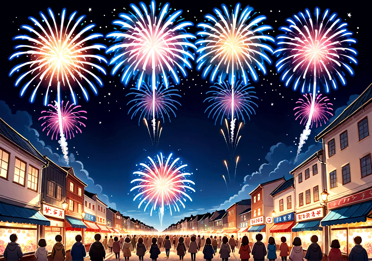 Fireworks festival illustration、night、Cute illustration of fireworks、Handwritten style