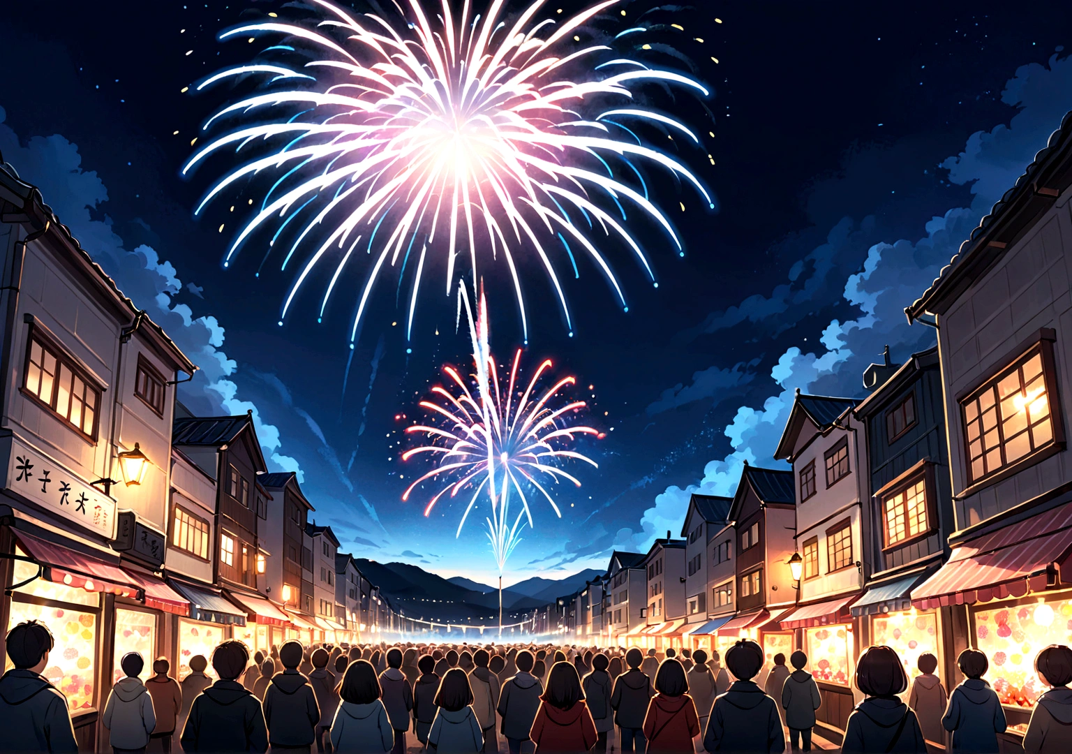 Fireworks festival illustration、night、Cute illustration of fireworks、Handwritten style