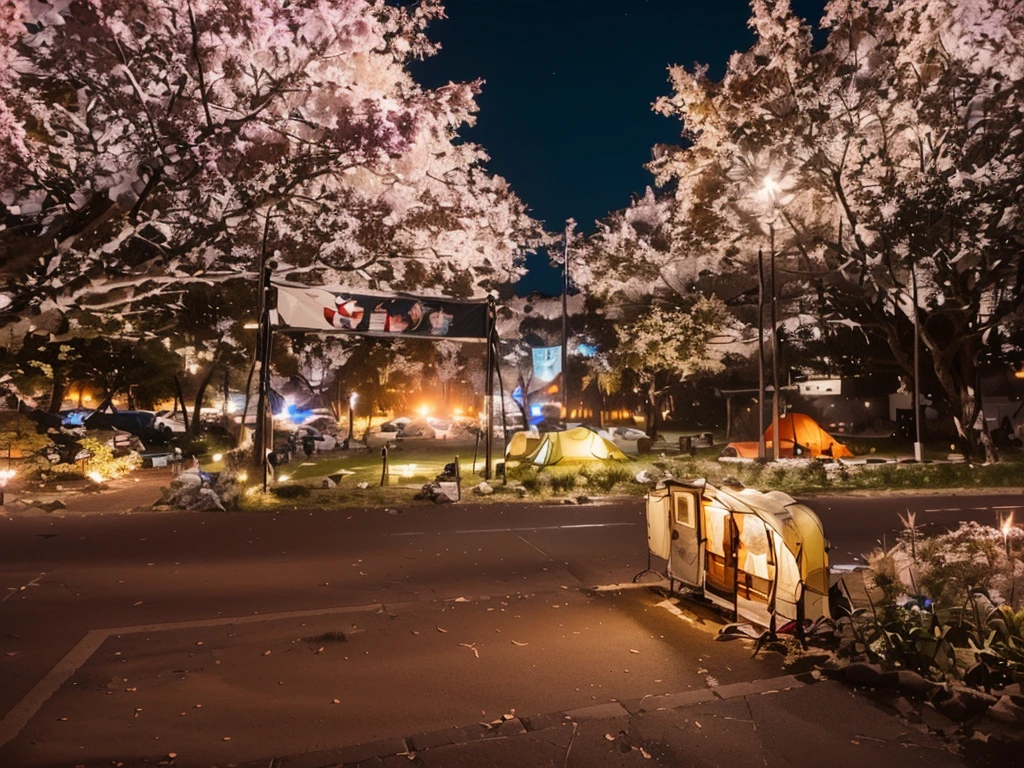 Camping site in the park, Night view, Warm lighting, The background is the park, Cyberpunk style, Campsite at night, captured with sony a3 camera, Wide field of view, masterpiece,High Detail,high resolution,8K