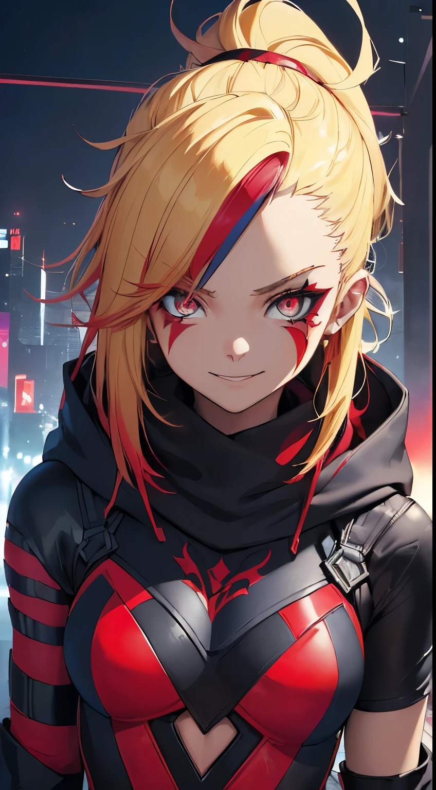 top-quality、Top image quality、masterpiece、evil girl with((18year old、Red, black and blue glowing cyber suit, falda corta, blonde hair streaked with red, black and blues hihlights, mystical,、Shining Cyber White Hoodie、Best Bust、Bust 90、Blonde Away Tail、Red Eyes、Valley、A slender、 insane smile、Red Face tattoo Paint、Black scarf、Reflecting the whole body、Slouch action))hiquality、Beautiful Art、Background with((nightcity、cyberpunked、nightclubs))、masutepiece、Elaborate design、visualart、