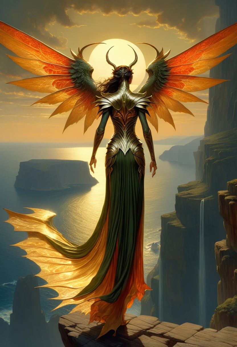 full body image, Greek mythology, Erinyes landing on top of a cliff, art by Patrick J. Jones, Donato Giancola, frank frazetta, Bastien Lecouf-Degarme, Jean-Baptiste Monge, dark, moody, true masterpiece of art, golden hour, photo realistic painting, cinematographic., awesome quality, dynamic,DonMDr4g0nXL woman from behind,wings attached to back,skirt, (draconid:0.25) olive ethereal magma  
