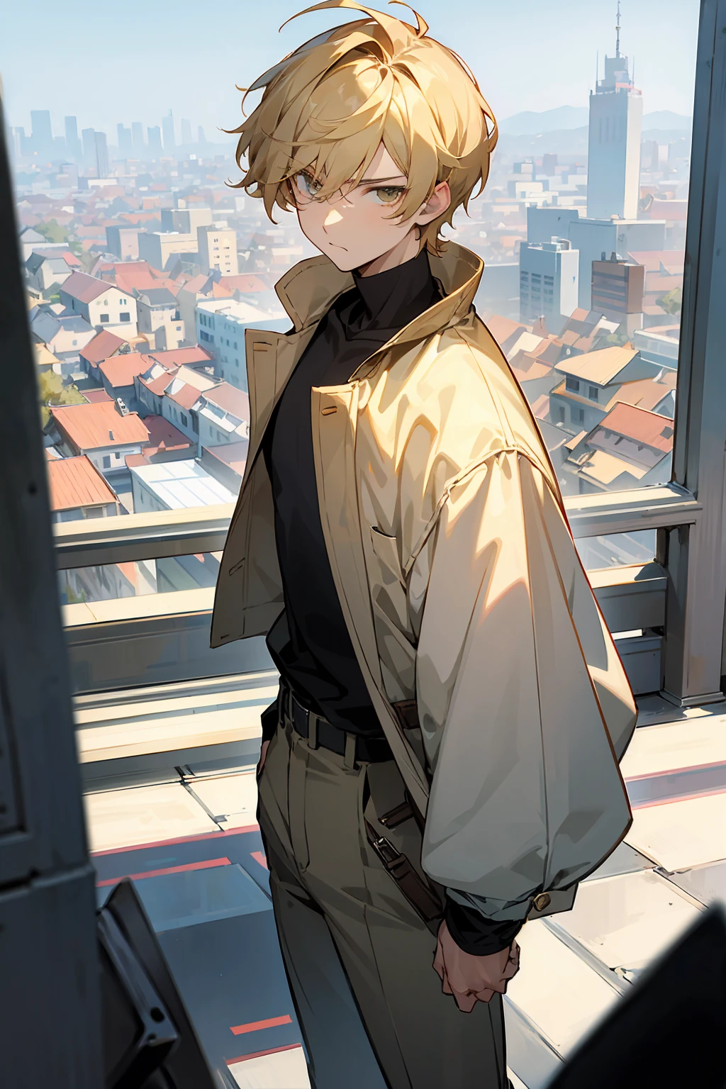 1male, Teen Male, Short Blonde Fluffy Hair, Hazel Eyes, Perfect Generation, Masterpiece Quality, serious expression, Standing in a City