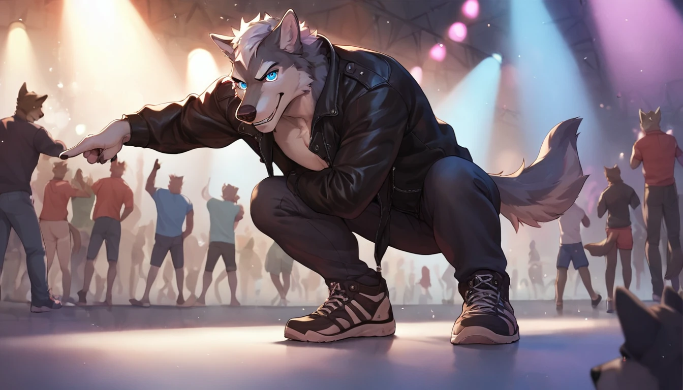 (cinematic, score_8_up,:1.5), by chunie, male, masculine, muscular, plantigrade, (hi-top_sneakers), black leather jacket, anthro, furry, gray_wolf, (pointing_at_viewer:1.2), looking down at crowd, concert stage, flashing lights, forced perspective, bottom view, bent over, squatting, posing, dynamic pose, detailed background,((detailed fur)), (detailed eyes:1.5), large eyes, blue eyes, full body,
