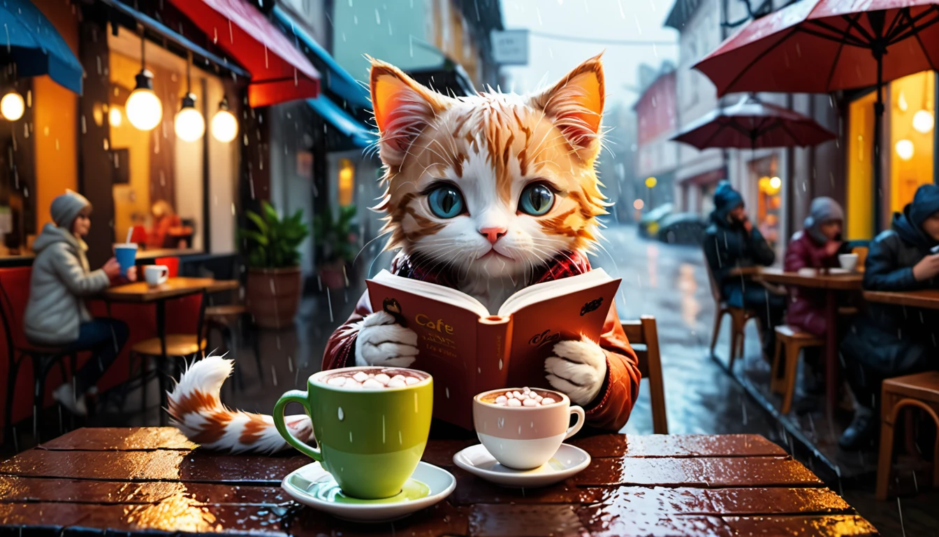 (Photo Cinematic), Rain outside, Kitten, Cafe, Drinking hot chocolate, Reading, 2D, Colorful, Warm atmosphere,