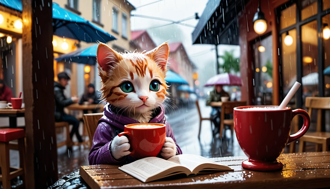 (Photo Cinematic), Rain outside, Kitten, Cafe, Drinking hot chocolate, Reading, 2D, Colorful, Warm atmosphere,