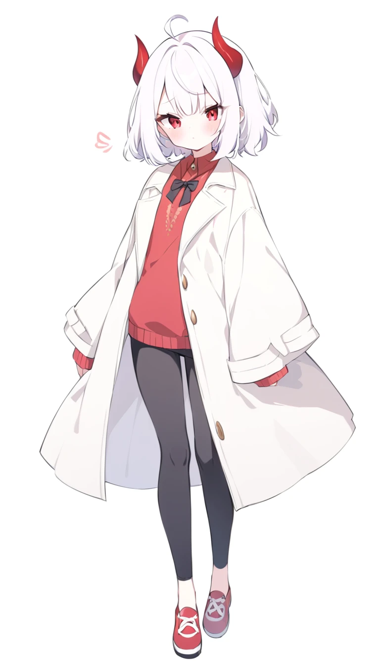 Teenage girl, devil girl, little red horns, white hair, short fluffy hair, big red eyes, pale skin, blushing cheeks, red cheeks, white and black coat, black pants, white background, full body