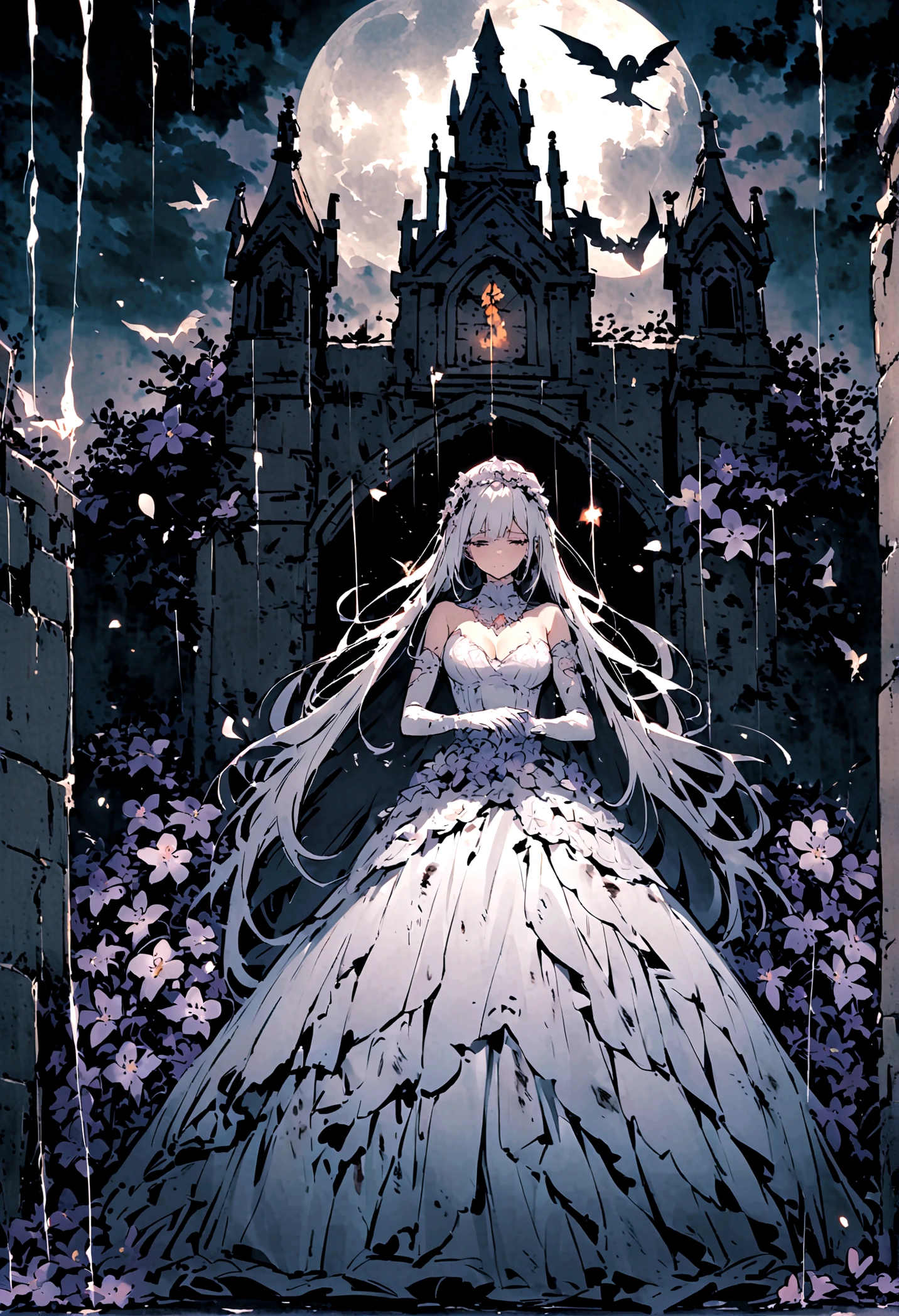 Broken church,Cemetery,heavy rain,dark clouds,(Battle damage),Wedding dress,Long hair,Ghost Bride,Dark and gloomy,night,Wilted flowers,Tears
