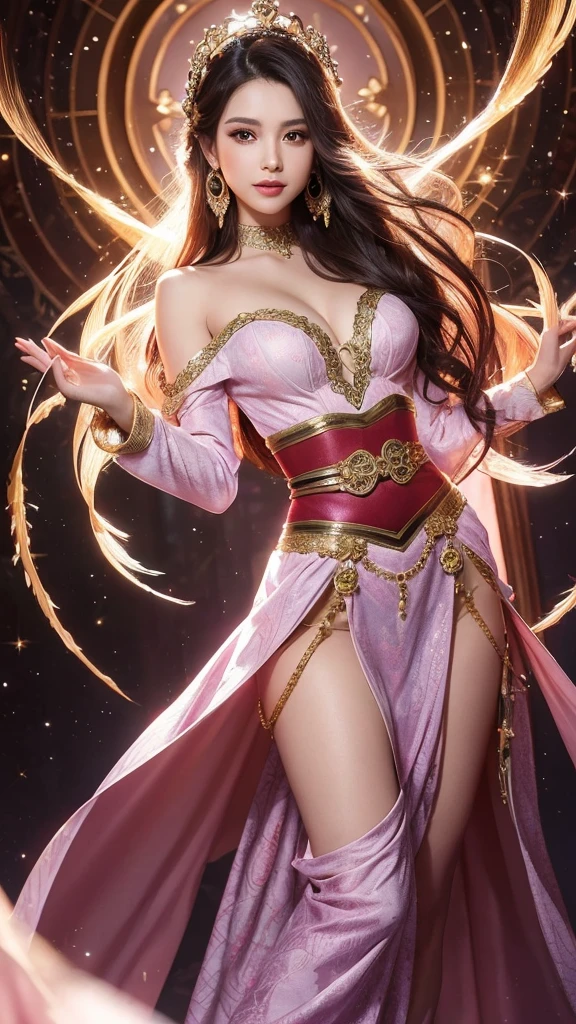 A realistic portrayal of a tall, slender woman with a confident and striking presence. She has long, nude、flowing black hair that cascades past her waist. Her eyes are large, expressive, and convey a determined look. She wears large, ornate golden earrings that dangle elegantly.
Her outfit is intricate and revealing, with a deep red, long-sleeved top that features a plunging neckline. The sleeves are adorned with patterns that resemble scales or feathers. Around her waist, she wears a wide, ornate belt with gold and jewel-like accents. Her lower garment is a high-slit skirt that exposes one of her legs, showcasing colorful, elaborate patterns in green, white, and red. Draped over her shoulders is a long, flowing cape or shawl in shades of white and light purple, billowing dramatically behind her.
She strikes a dynamic pose, with one arm raised and the other extended forward, her legs positioned to emphasize movement and grace. Her facial expression is confident and slightly playful, with a small smile.
The background is vibrant and dynamic, filled with swirling patterns and light effects in pink, purple, and white hues, creating a magical and energetic atmosphere. Sparkling light effects and radiant streaks emphasize her dramatic entrance or action. The art style should be hyper-realistic, capturing the elegance, strength, and fantasy elements of the character.”
This prompt should help in visualizing the character in a realistic manner while maintaining the essence of the original anime style.