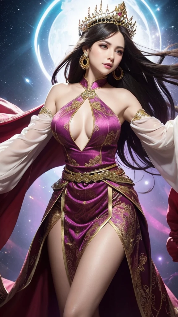 A realistic portrayal of a tall, slender woman with a confident and striking presence. She has long, nude、flowing black hair that cascades past her waist. Her eyes are large, expressive, and convey a determined look. She wears large, ornate golden earrings that dangle elegantly.

Her outfit is intricate and revealing, with a deep red, long-sleeved top that features a plunging neckline. The sleeves are adorned with patterns that resemble scales or feathers. Around her waist, she wears a wide, ornate belt with gold and jewel-like accents. Her lower garment is a high-slit skirt that exposes one of her legs, showcasing colorful, elaborate patterns in green, white, and red. Draped over her shoulders is a long, flowing cape or shawl in shades of white and light purple, billowing dramatically behind her.

She strikes a dynamic pose, with one arm raised and the other extended forward, her legs positioned to emphasize movement and grace. Her facial expression is confident and slightly playful, with a small smile.

The background is vibrant and dynamic, filled with swirling patterns and light effects in pink, purple, and white hues, creating a magical and energetic atmosphere. Sparkling light effects and radiant streaks emphasize her dramatic entrance or action. The art style should be hyper-realistic, capturing the elegance, strength, and fantasy elements of the character.”

This prompt should help in visualizing the character in a realistic manner while maintaining the essence of the original anime style.