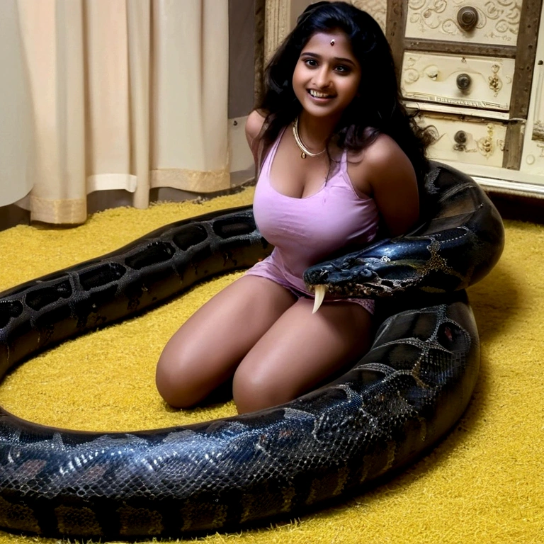 Pink thong Pregnant Happy Horny, aroused 1girl), beautiful kneeling Indian  girl   with  giant colossal black titanboa monster  squeezing her hard, wrapped in thick spiraling coils, constricted, struggle, gasping for air, snake attack, snake peril, moonless night, dim light