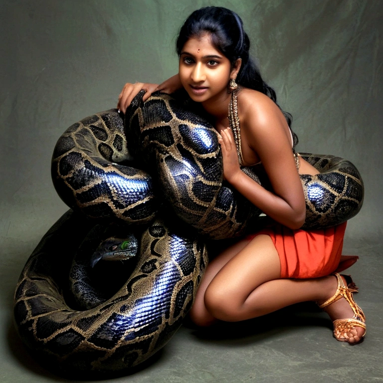 Happy Horny, aroused 1girl), beautiful kneeling young teen Indian pornstar with giant colossal black titanboa squeezing her hard, wrapped in thick spiraling coils, constricted, struggle, gasping for air, snake attack, snake peril, moonless night, dim light