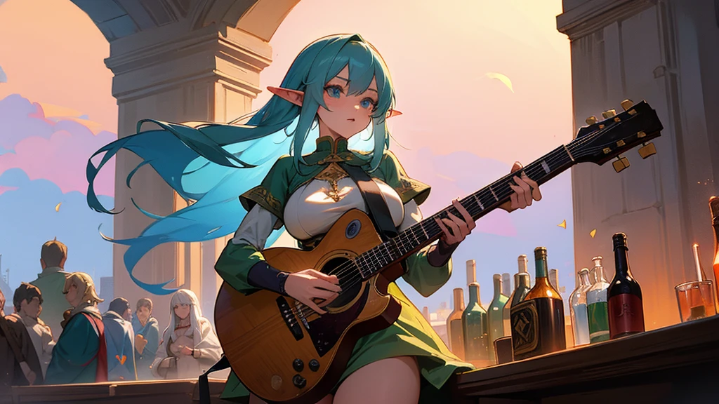 Anime Style,Nostalgic,Detailed background,The medieval world,A lively bar with lots of people,Beautiful sky,Beautiful Elf Bard,guitar,Large Breasts,Healthy thighs