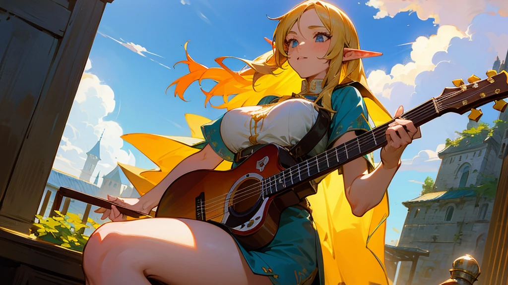 Anime Style,Nostalgic,Detailed background,The medieval world,A lively bar with lots of people,Beautiful sky,Beautiful Elf Bard,guitar,Large Breasts,Healthy thighs