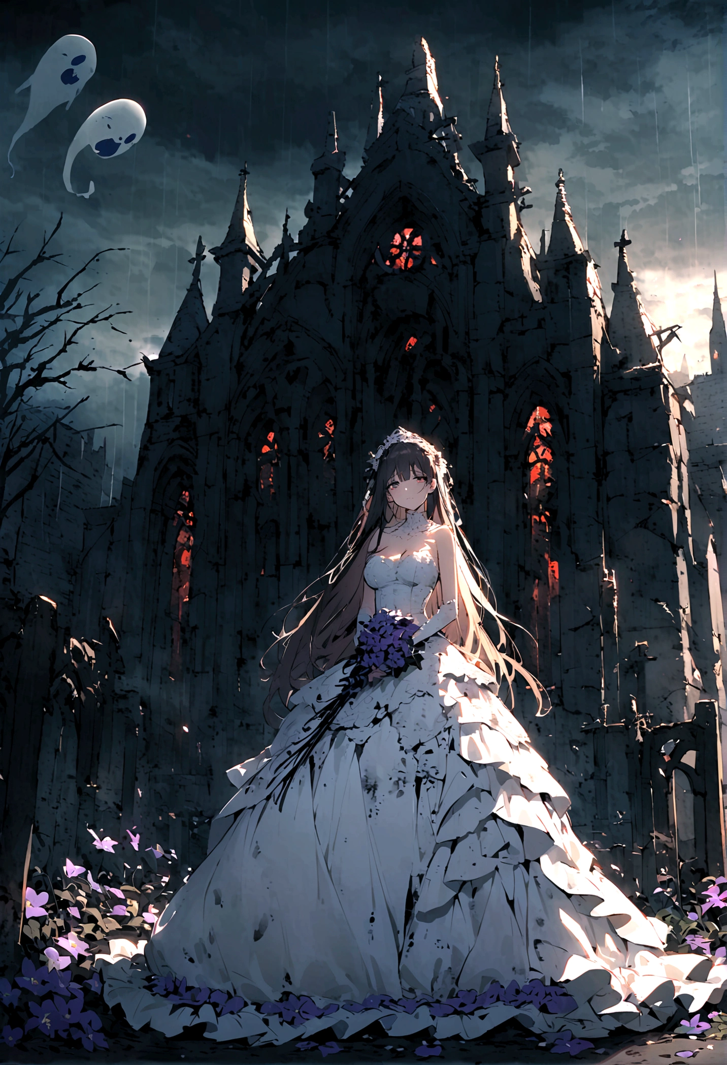 Broken church，Cemetery，heavy rain，dark clouds，(Battle damage)，Wedding dress，Long hair，Ghost Bride，Dark and gloomy，night，Wilted flowers，Tears，Fluorescence