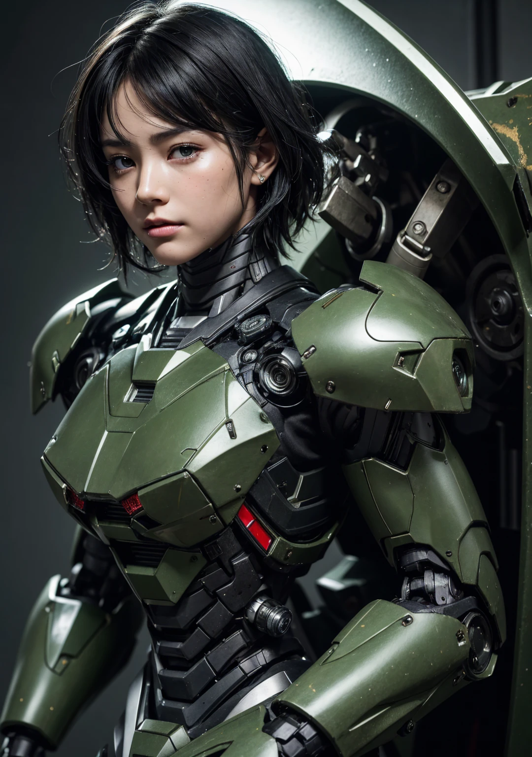 Textured skin, Super detailed, Attention to detail, high quality, 最high quality, High resolution, 1080P, hard disk, beautiful,(War Machine),beautifulサイボーグ女性,Mecha Cyborg Girl,Battle Mode,Girl with a mechanical body Black Hair Short Hair Boyish Dark Green Armor Soaked Face liberation Met Off