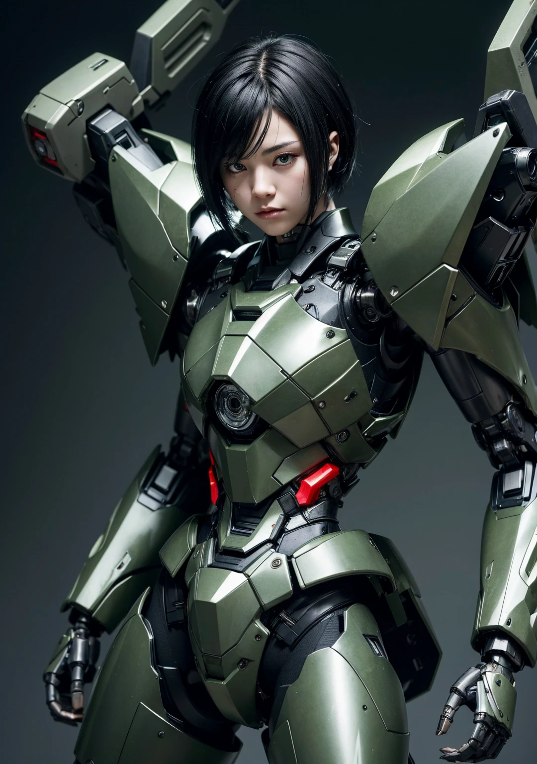 Textured skin, Super detailed, Attention to detail, high quality, 最high quality, High resolution, 1080P, hard disk, beautiful,(War Machine),beautifulサイボーグ女性,Mecha Cyborg Girl,Battle Mode,Girl with a mechanical body　Black Hair　Short Hair Boyish　Dark Green Armor　Soaked Face　liberation　Met Off