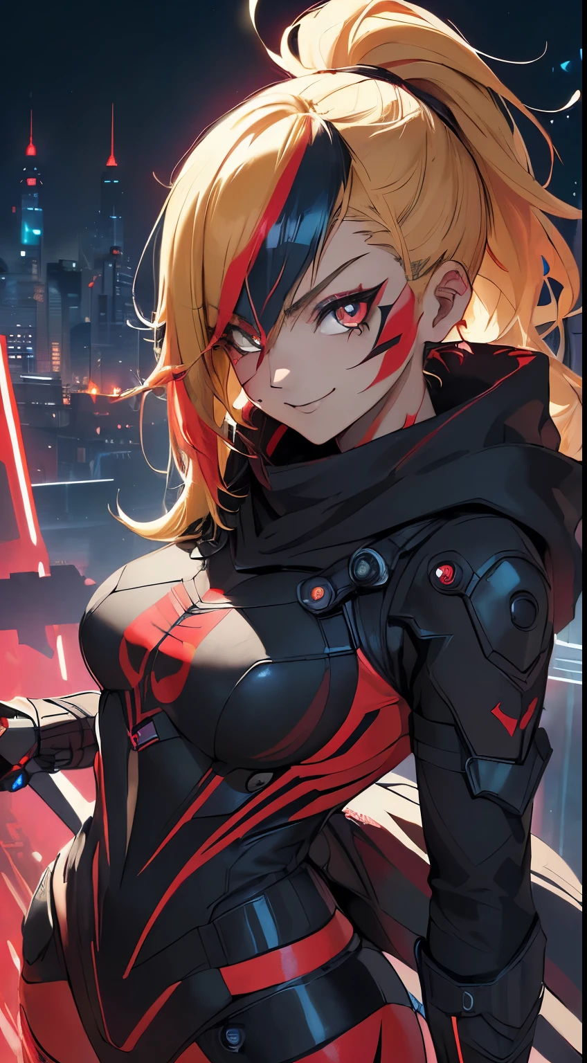 top-quality、Top image quality、​masterpiece、evil girl with((18year old、Red, black and blue glowing cyber suit, falda corta, blonde hair streaked with red, black and blues hihlights, mystical,、Shining Cyber White Hoodie、Best Bust、Bust 90、Blonde Away Tail、Red Eyes、Valley、A slender、 insane smile、Red Face tattoo Paint、Black scarf、Reflecting the whole body、Slouch action)）hiquality、Beautiful Art、Background with((nightcity、cyberpunked、nightclubasutepiece、Elaborate design、visualart、