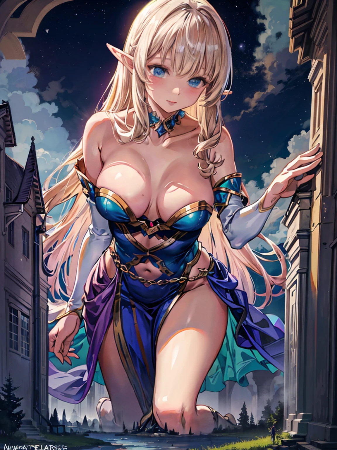 Callista, a 55-meter giant elf, emerges from an enchanted portal at dusk, her alabaster skin glowing in the moonlight. Her long golden hair falls in soft curls over her shoulders and back. Standing in a mystical meadow, her posture is graceful and seductive, one leg slightly bent, one hand caressing a flower while the other rests on her hip. Her eyes, full of wisdom and desire, gaze at the tiny humans at her feet, mesmerized by her ethereal presence. Her lips curl in a mischievous smile and her body, sculpted with grace and natural perfection, radiates an aura of enchanting eroticism, enveloping all present in a spell of submission and mystical awe.