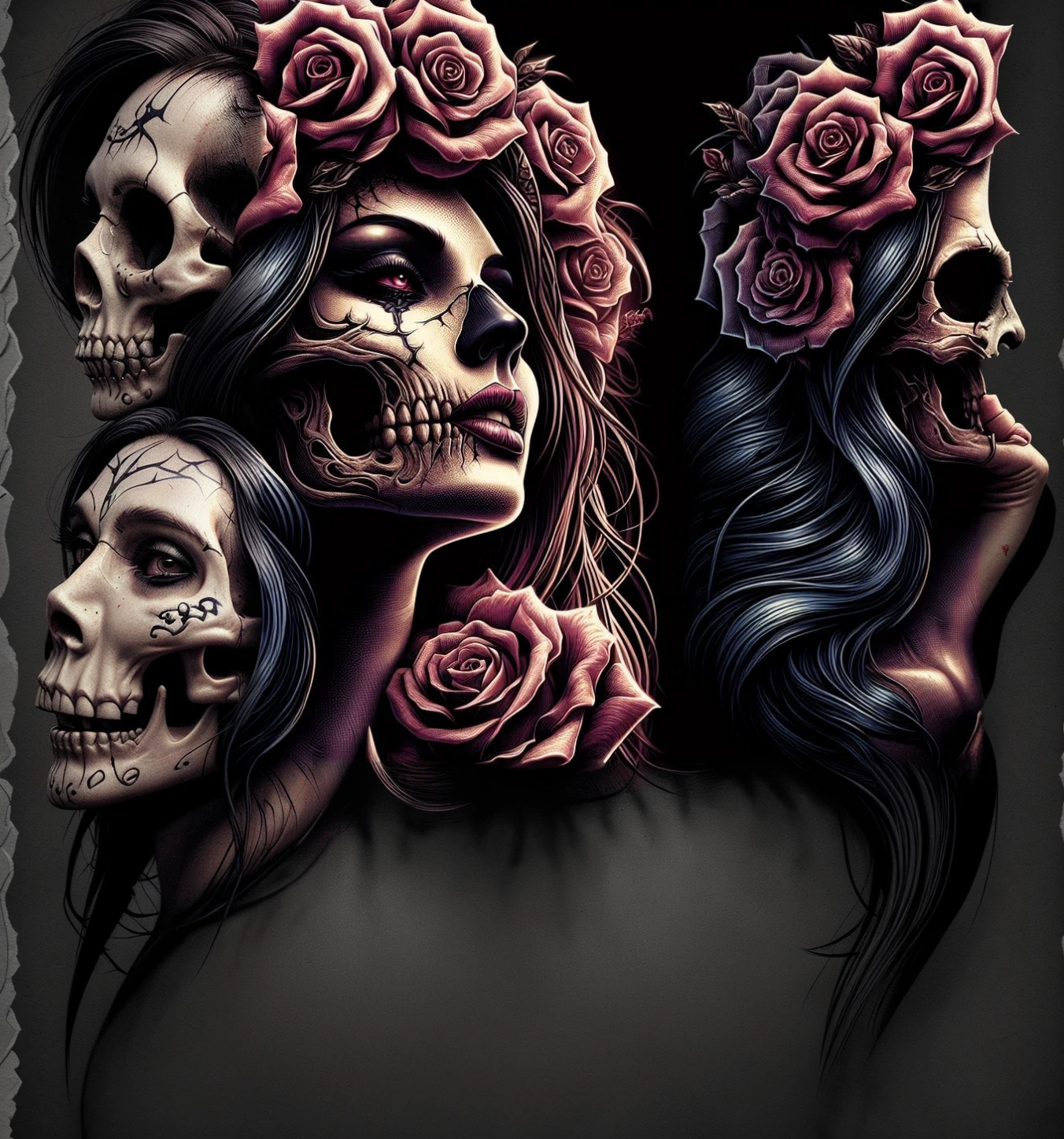 a woman with a skull and roses on her face, highly detailed dark art, heavy metal tshirt design, dayer diego artwork, skull design for a rock band, colored illustration for tattoo, elegant horror artwork, goddess of death, skeleton girl, heavy metal art style, high detailed official artwork, gothic art style, official poster artwork, scary detailed art in color, poster artwork
