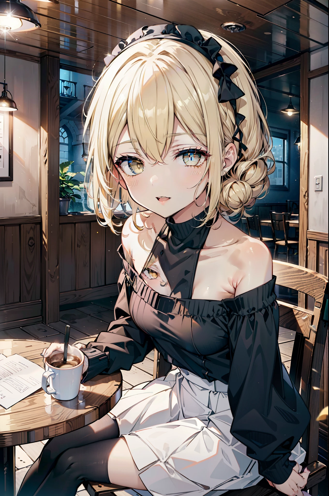 (アイスWallenstein, Wallenstein, blonde, Hair between the eyes, hair band, happy smile, smile, Open your mouth,Blonde,Long Hair, (Yellow Eyes:1.5),One-shoulder sweater,Long skirt,short boots,Sitting in a chair,There is food on the table,Daytime,Clear skies,whole bodyがイラストに入るように, break looking at viewer, whole body, break indoors,Coffee shop,, break (masterpiece:1.2), Highest quality, High resolution, unity 8k wallpaper, (shape:0.8), (Beautiful and beautiful eyes:1.6), Highly detailed face, Perfect lighting, Extremely detailed CG, (Perfect hands, Perfect Anatomy),