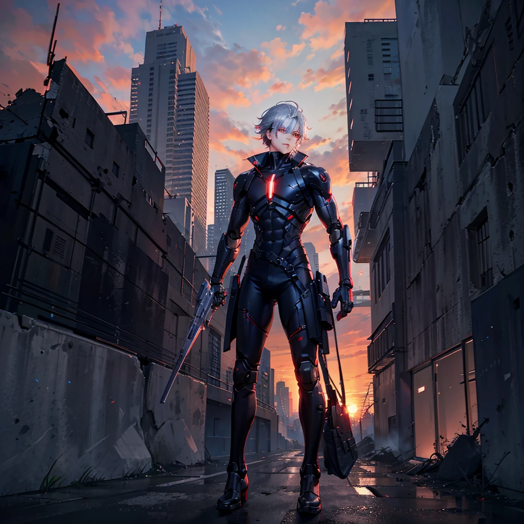 male Robot, Red eyes, Cybernetic Parts, Over a building, Destroyed city on background, Sunrise