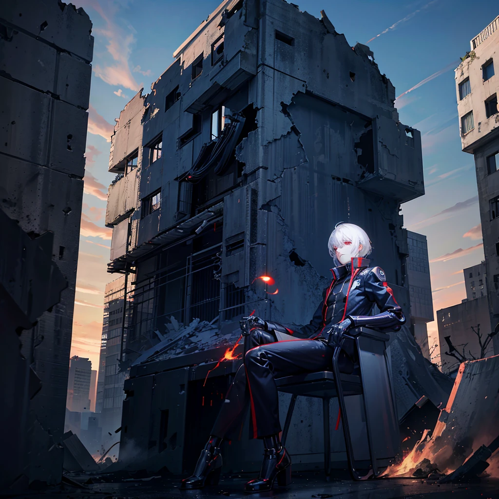 male Robot, Red eyes, Cybernetic Parts, Over a building, Destroyed city on background, Sunrise