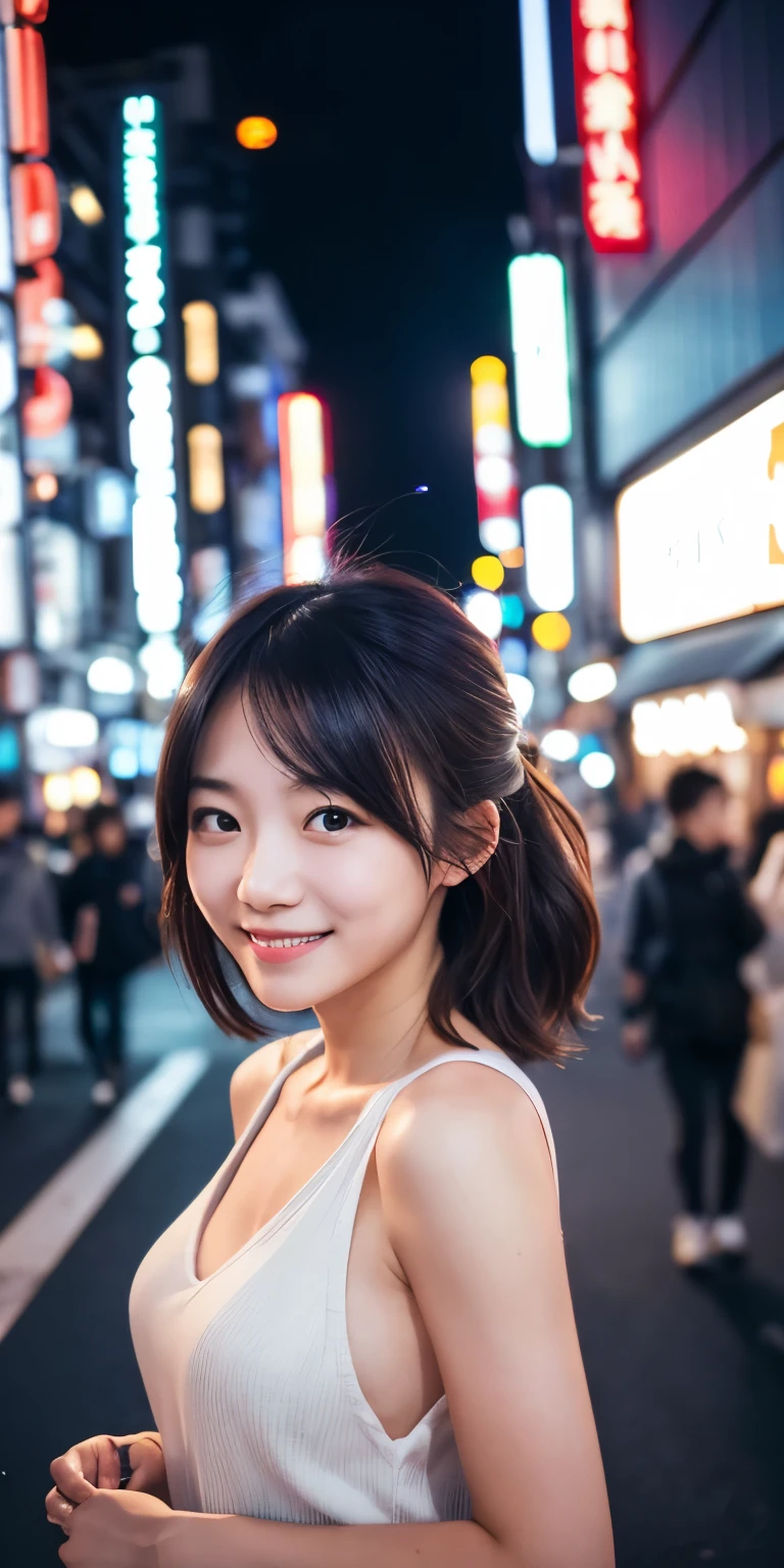 One girl, Tokyo Street,night, Cityscape,City lights,Upper Body,close,smile,, (8K, RAW Photos, Highest quality, masterpiece:1.2),(Realistic, photo-Realistic:1.37),