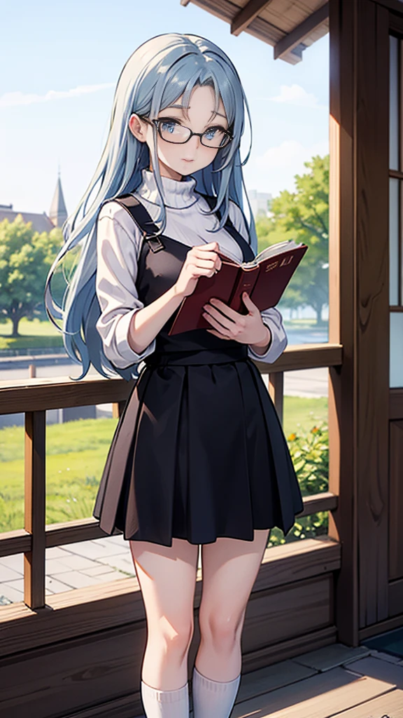 Create an anime-style illustration of a 17-year-old girl named Shizuka. She has long, straight, blue hair with bangs cut straight across her forehead. She has large, almond-shaped silver-blue eyes and porcelain-like white skin. Shizuka often wears glasses. Her outfit consists of a loose sweater paired with a skirt, knee-high socks, and loafers. Shizuka is an introverted, quiet girl who prefers to spend her time alone in peaceful places, reading books or drawing. She has no accessories. The background should be a tranquil suburban setting, highlighting her serene and introspective nature.