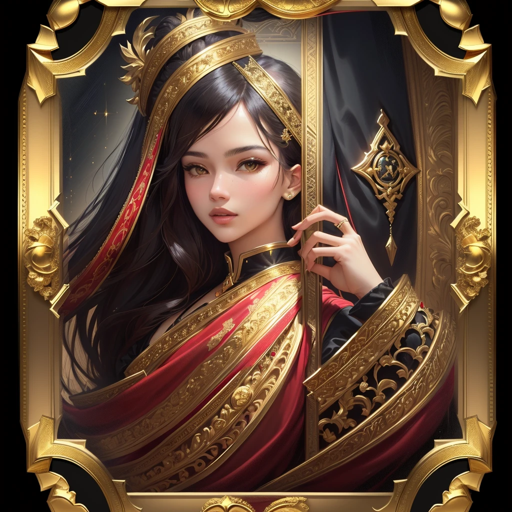 a gold frame with a red ribbon and a gold border, card frame, game card frame, ornate borders + concept art, game overlay, ornate frame, ornate border frame, medium frame, game texture, tarot card frame, art piece frame, ornate border, ornate gold border, golden frame, wide frame, movie frame, tilted frame, layout frame