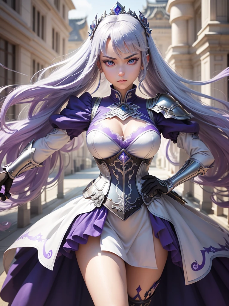 Create a 3D image in anime cartoon style of a beautiful geigha with blue-violet eyes with all her equipment surrounding the imperial palace in a fighting attitude. She carries a beautiful, perfectly detailed silver sword. Her dress is spectacular. She applies intense silver and violet microparticles in the most relevant details of the scene applies 300 dpi , HDMI and full definition