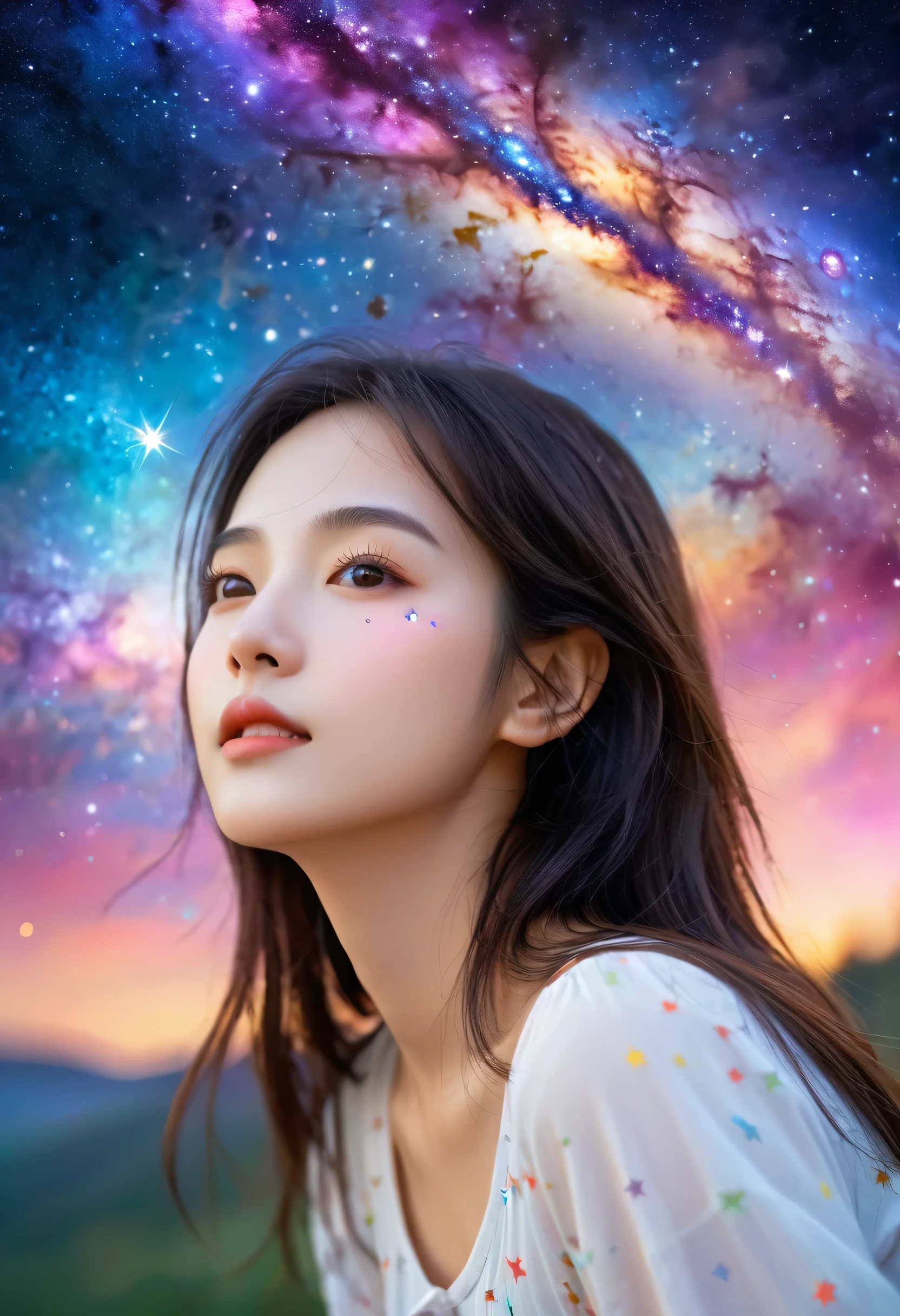 High Detail, Super Detail, Ultra-high resolution, Girl enjoying time in fantasy galaxy, Surrounded by stars, The warm light shines on her, Background is starry sky,There are colorful galaxies and galaxy clouds, Stars flew around her, Delicate face, Add a fun atmosphere ,