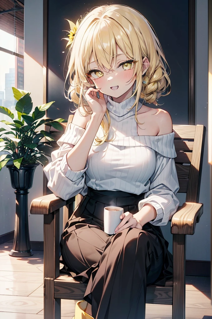 (アイスWallenstein, Wallenstein, blonde, Hair between the eyes, hair band, happy smile, smile, Open your mouth,Blonde,Long Hair, (Yellow Eyes:1.5),One-shoulder sweater,Long skirt,short boots,Sitting in a chair,There is food on the table,Daytime,Clear skies,whole bodyがイラストに入るように, break looking at viewer, whole body, break indoors,Coffee shop,, break (masterpiece:1.2), Highest quality, High resolution, unity 8k wallpaper, (shape:0.8), (Beautiful and beautiful eyes:1.6), Highly detailed face, Perfect lighting, Extremely detailed CG, (Perfect hands, Perfect Anatomy),