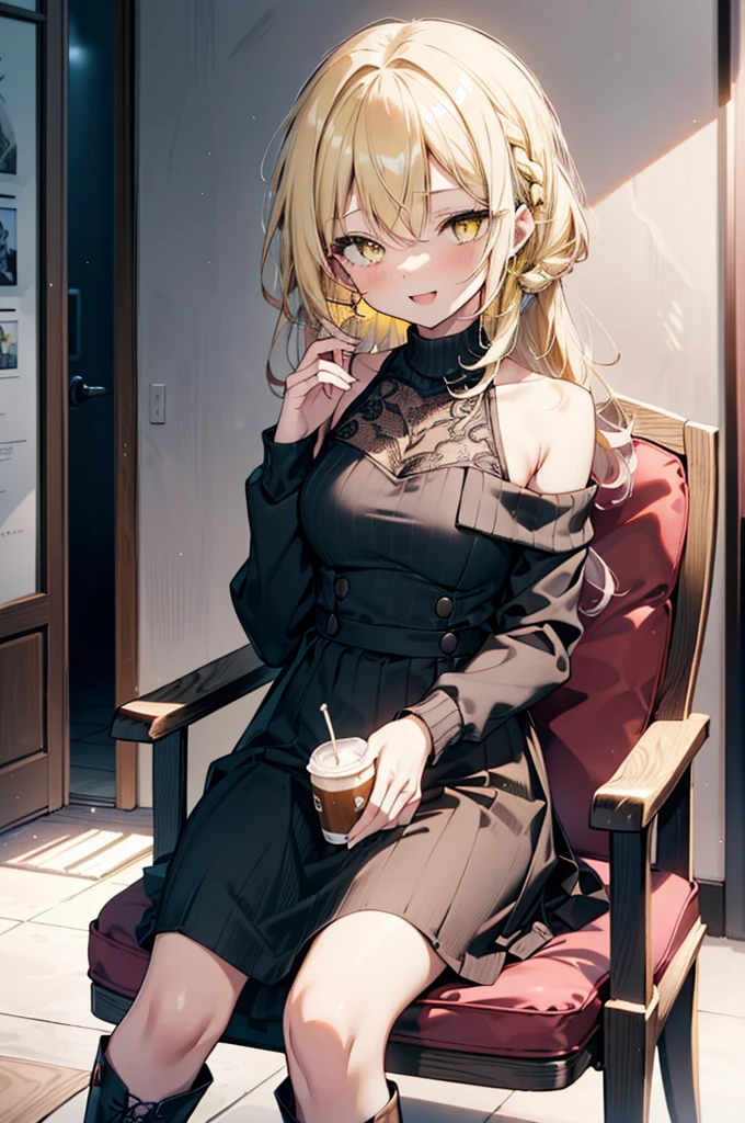 (アイスWallenstein, Wallenstein, blonde, Hair between the eyes, hair band, happy smile, smile, Open your mouth,Blonde,Long Hair, (Yellow Eyes:1.5),One-shoulder sweater,Long skirt,short boots,Sitting in a chair,There is food on the table,Daytime,Clear skies,whole bodyがイラストに入るように,　　　　　　　　　　　　　　　　　break looking at viewer, whole body,　　　　　　　　　　　break indoors,Coffee shop,,　　　　　　　　　　　　　　　 break (masterpiece:1.2), Highest quality, High resolution, unity 8k wallpaper, (shape:0.8), (Beautiful and beautiful eyes:1.6), Highly detailed face, Perfect lighting, Extremely detailed CG, (Perfect hands, Perfect Anatomy),