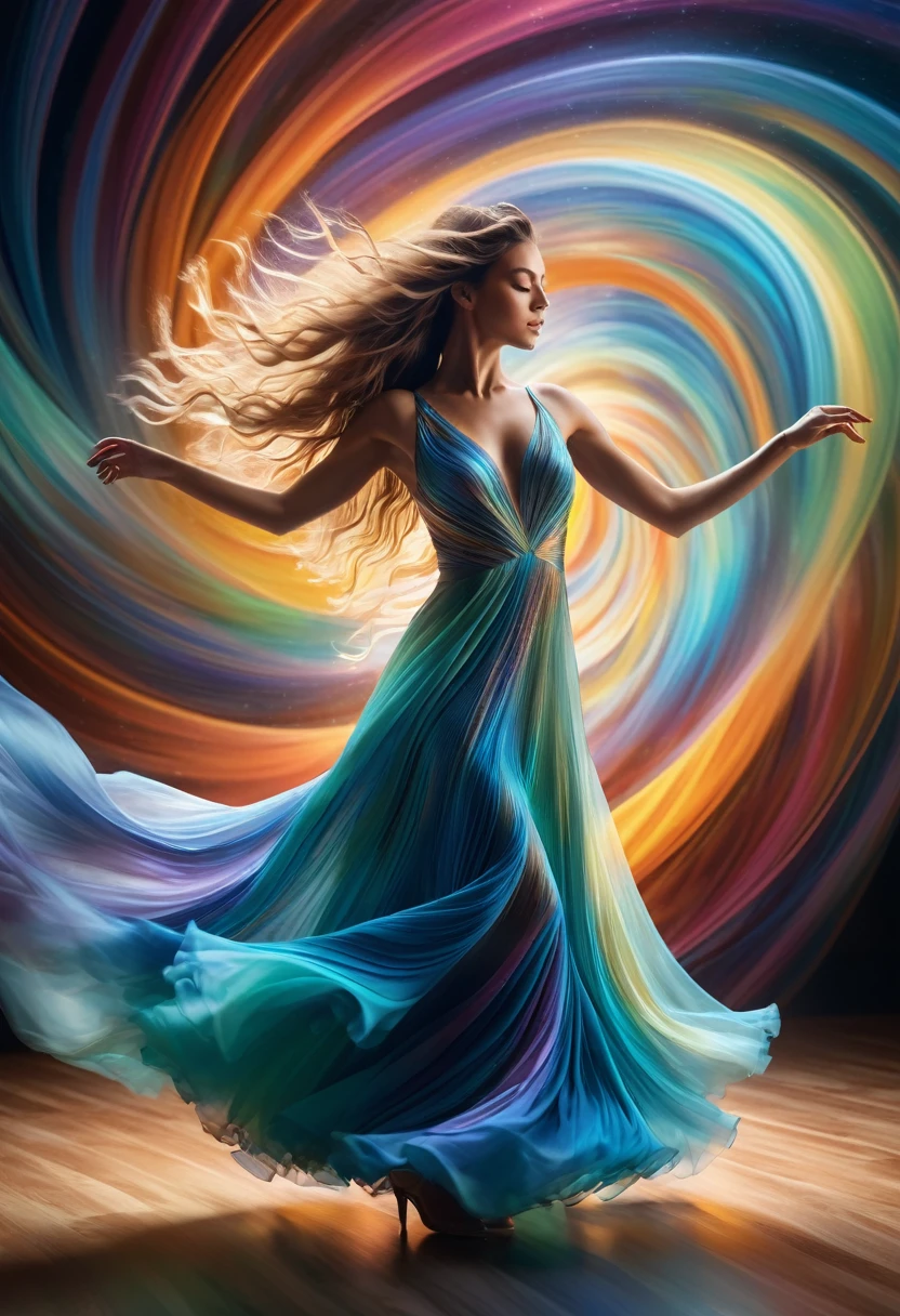 (best quality, 8k, masterpiece, highres, ultra-detailed), photorealistic, woman, dancing, swirling vortex, colors, light, fluid, graceful, defying gravity, shimmering iridescent dress, luminous flowing hair, abstract shapes, textures, dreamlike unreality, ethereal, vibrant, dynamic, motion blur, magical, mystical, fantasy, intricate details, realistic anatomy.