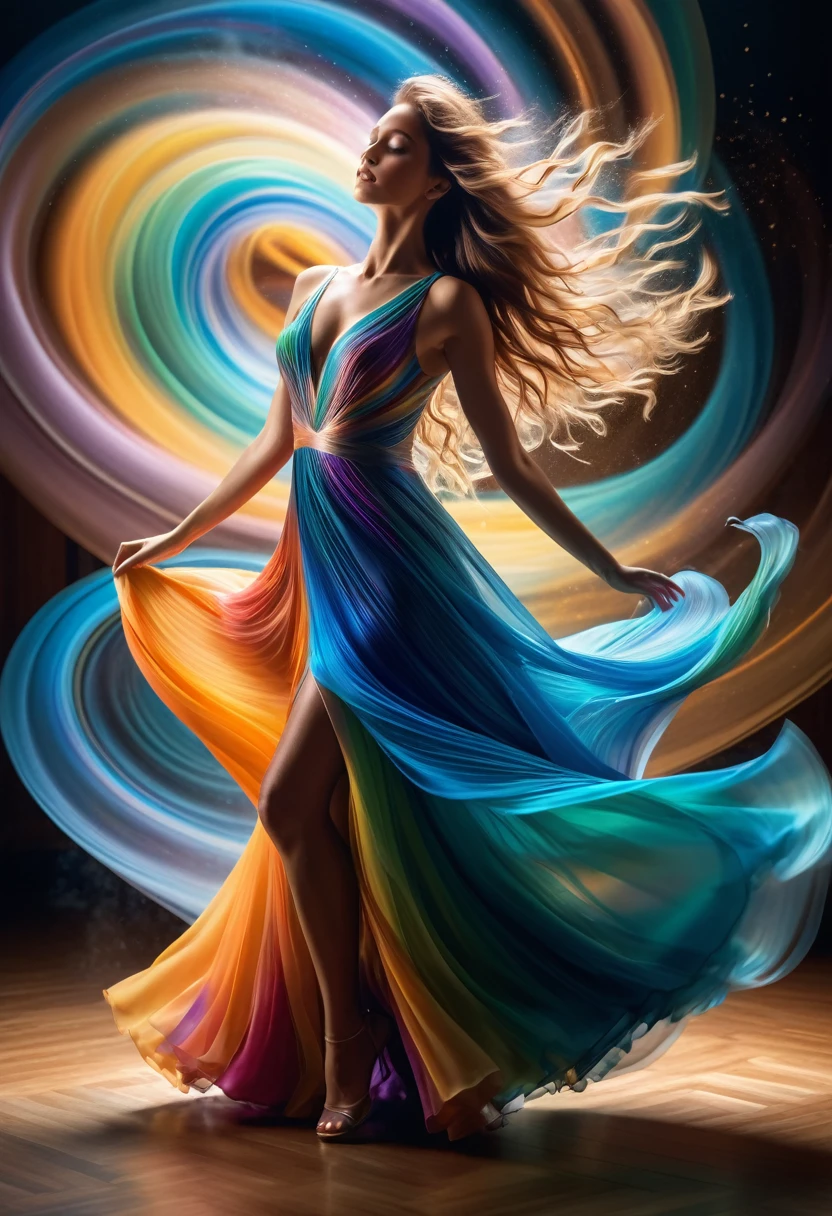 (best quality, 8k, masterpiece, highres, ultra-detailed), photorealistic, woman, dancing, swirling vortex, colors, light, fluid, graceful, defying gravity, shimmering iridescent dress, luminous flowing hair, abstract shapes, textures, dreamlike unreality, ethereal, vibrant, dynamic, motion blur, magical, mystical, fantasy, intricate details, realistic anatomy.