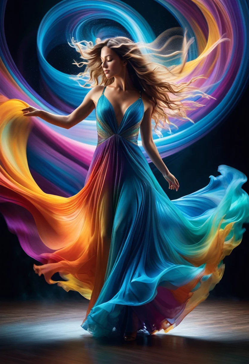 (best quality, 8k, masterpiece, highres, ultra-detailed), photorealistic, woman, dancing, swirling vortex, colors, light, fluid, graceful, defying gravity, shimmering iridescent dress, luminous flowing hair, abstract shapes, textures, dreamlike unreality, ethereal, vibrant, dynamic, motion blur, magical, mystical, fantasy, intricate details, realistic anatomy.