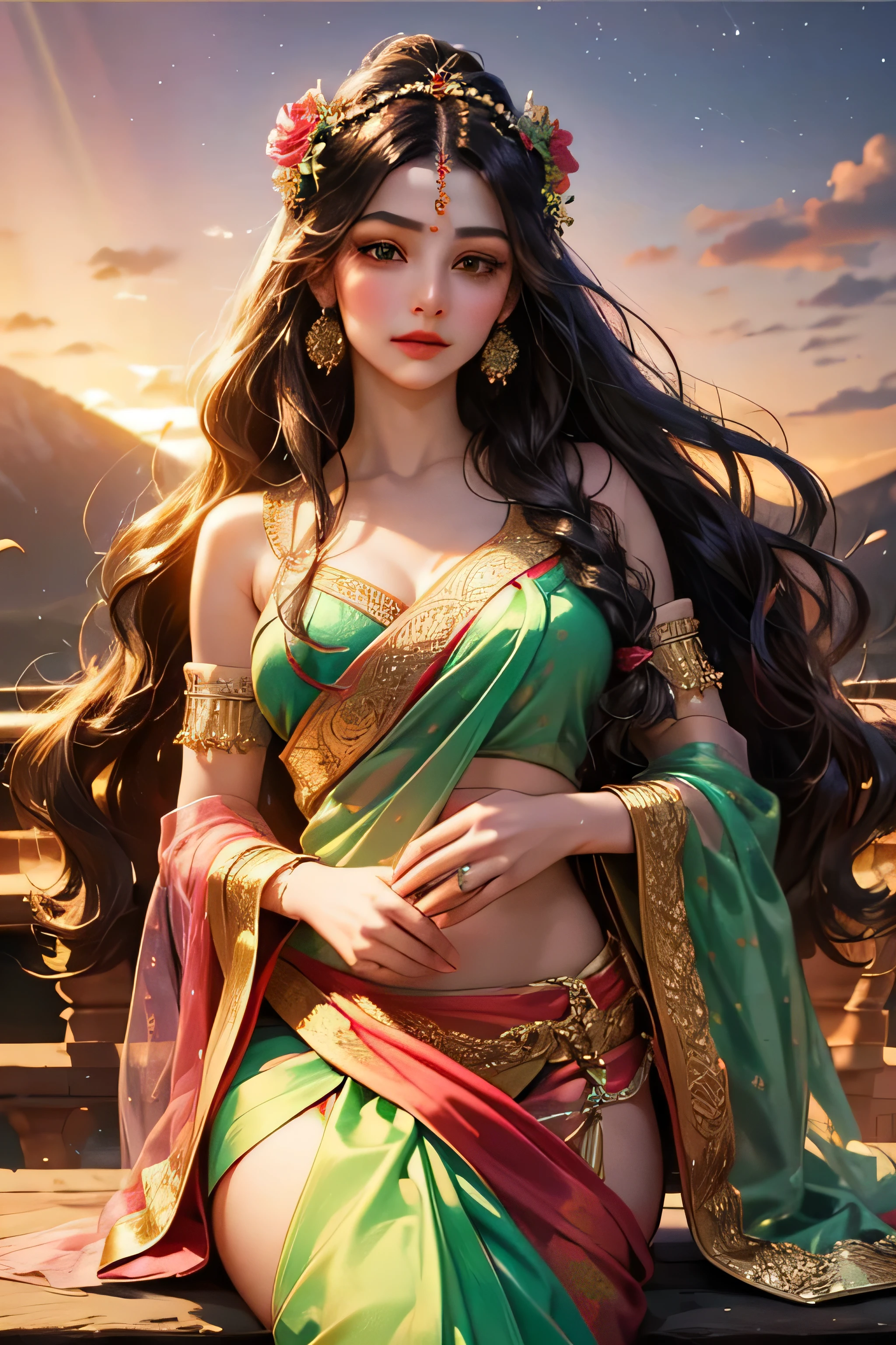 Goddess parvati, animated style, closeup shot, anime in a red and green combination indian dress(saree or lahaenga choli), long black hair wavy hair untied with hair ornaments, innocent expression, bright big blake eyes, holding a flower, natural beauty, vibrant colors, dreamy, northern light, pink bubble, romantic, soft lighting, vintage aesthetic
