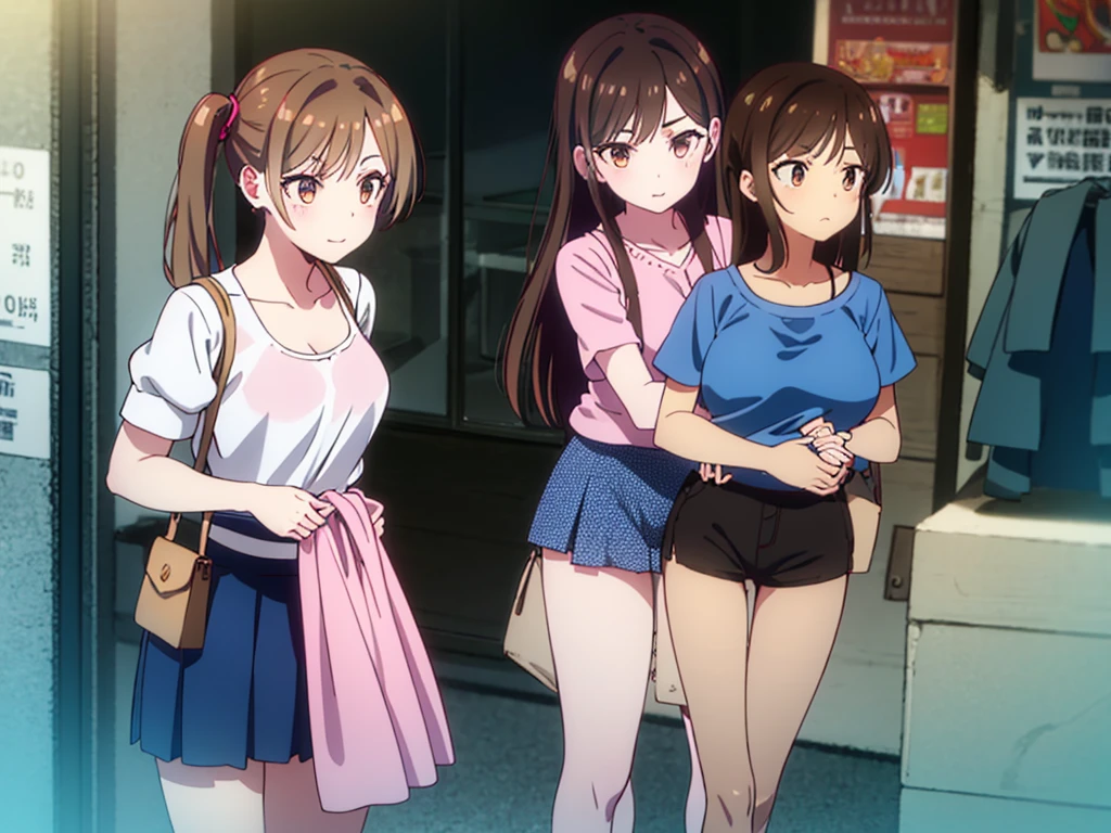 mizuharachizuru, chizuru ichinose, ((long hair)), bangs, brown hair, (brown eyes:1.5), one side up, smile, (clonealike:2), 5+girls, multiple identical girls, large breasts, thighs, shiny legs, 
BREAK skirt, shirt, short sleeves, puffy sleeves, puffy short sleeves, white skirt, white short, pink shirt, white low socks, brown shorts shoes, 
BREAK indoors, boutique outlet shop, crowd, girls,
BREAK reviewing bikini swimsuit clothes sales at the rack, (cowboy shot:1.5),
BREAK (masterpiece:1.2), best quality, high resolution, unity 8k wallpaper, (illustration:0.8), (beautiful detailed eyes:1.6), extremely detailed face, perfect lighting, extremely detailed CG, (perfect hands, perfect anatomy), seductive appearance and posture, ((full body)) 