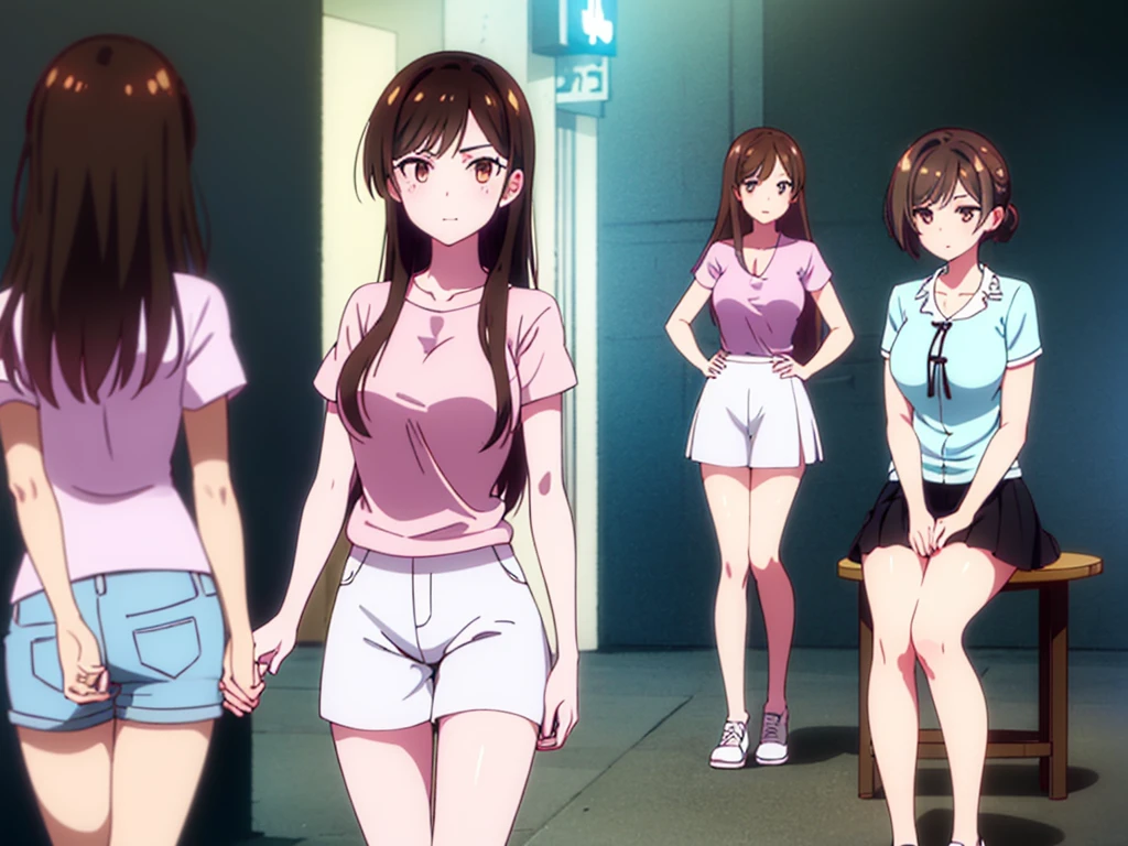 mizuharachizuru, chizuru ichinose, ((long hair)), bangs, brown hair, (brown eyes:1.5), one side up, smile, (clonealike:2), 5+girls, multiple identical girls, large breasts, thighs, shiny legs, 
BREAK skirt, shirt, short sleeves, puffy sleeves, puffy short sleeves, white skirt, white short, pink shirt, white low socks, brown shorts shoes, 
BREAK indoors, boutique outlet shop, crowd, girls,
BREAK reviewing bikini swimsuit clothes sales at the rack, (cowboy shot:1.5),
BREAK (masterpiece:1.2), best quality, high resolution, unity 8k wallpaper, (illustration:0.8), (beautiful detailed eyes:1.6), extremely detailed face, perfect lighting, extremely detailed CG, (perfect hands, perfect anatomy), seductive appearance and posture, ((full body)) 