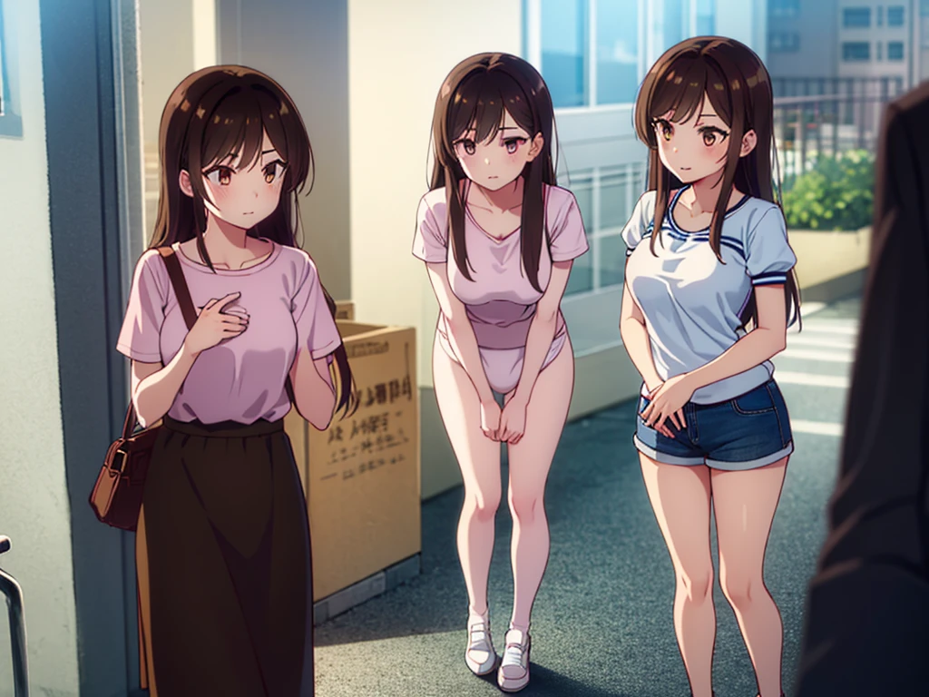 mizuharachizuru, chizuru ichinose, ((long hair)), bangs, brown hair, (brown eyes:1.5), one side up, smile, (clonealike:2), 5+girls, multiple identical girls, large breasts, thighs, shiny legs, 
BREAK skirt, shirt, short sleeves, puffy sleeves, puffy short sleeves, white skirt, white short, pink shirt, white low socks, brown shorts shoes, 
BREAK indoors, boutique outlet shop, crowd, girls,
BREAK reviewing bikini swimsuit clothes sales at the rack, (cowboy shot:1.5),
BREAK (masterpiece:1.2), best quality, high resolution, unity 8k wallpaper, (illustration:0.8), (beautiful detailed eyes:1.6), extremely detailed face, perfect lighting, extremely detailed CG, (perfect hands, perfect anatomy), seductive appearance and posture, ((full body)) 