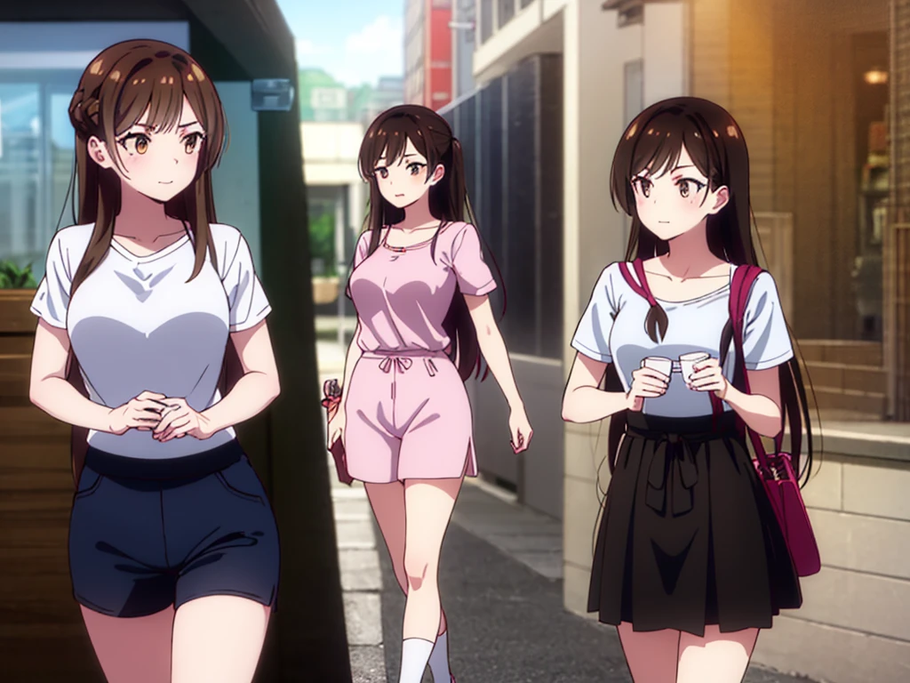 mizuharachizuru, chizuru ichinose, ((long hair)), bangs, brown hair, (brown eyes:1.5), one side up, smile, (clonealike:2), 5+girls, multiple identical girls, large breasts, thighs, shiny legs, 
BREAK skirt, shirt, short sleeves, puffy sleeves, puffy short sleeves, white skirt, white short, pink shirt, white low socks, brown shorts shoes, 
BREAK indoors, boutique outlet shop, crowd, girls,
BREAK reviewing bikini swimsuit clothes sales at the rack, (cowboy shot:1.5),
BREAK (masterpiece:1.2), best quality, high resolution, unity 8k wallpaper, (illustration:0.8), (beautiful detailed eyes:1.6), extremely detailed face, perfect lighting, extremely detailed CG, (perfect hands, perfect anatomy), seductive appearance and posture, ((full body)) 