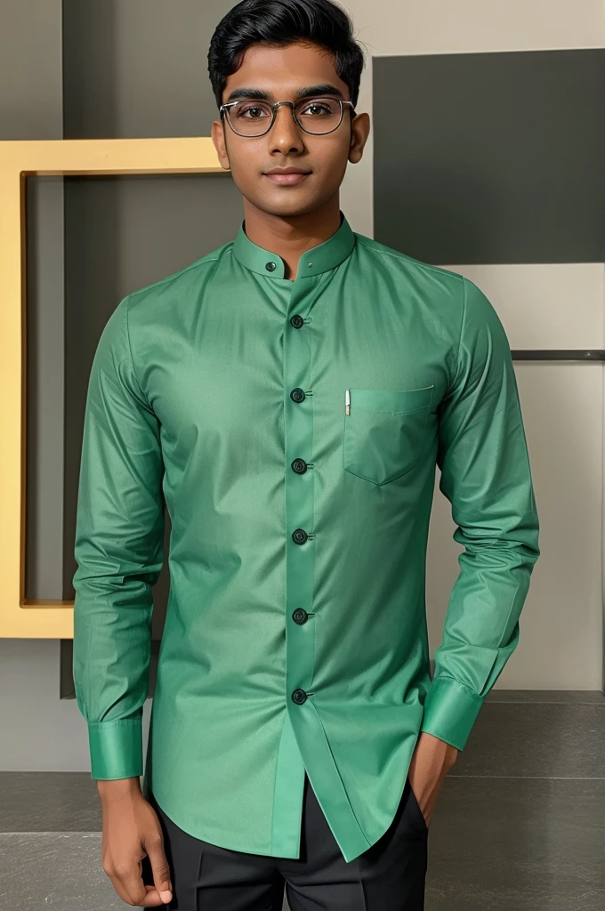 21 year old indian boy with fair skin wearing spectacles and narrow body posing for a linkedin picture in formals green light in background