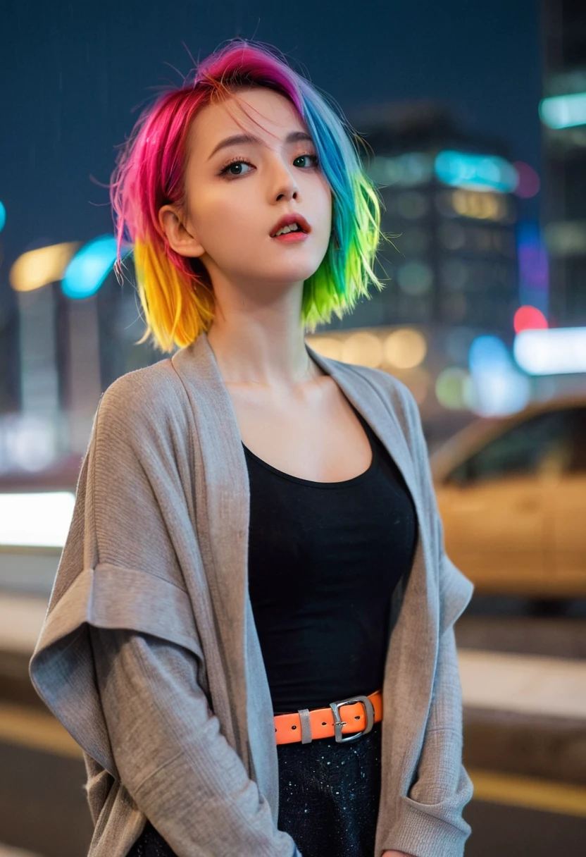 portrait, 1 girl, Pretty Face, Asymmetrical hair, Multi-colored hair, belt, Tights, Cover your mouth, Cover the navel, Separate sleeves, Gray eyes, - Hip vents, Cardigan jacket, Lovely, Look at the audience, of the night city, neon, rain,