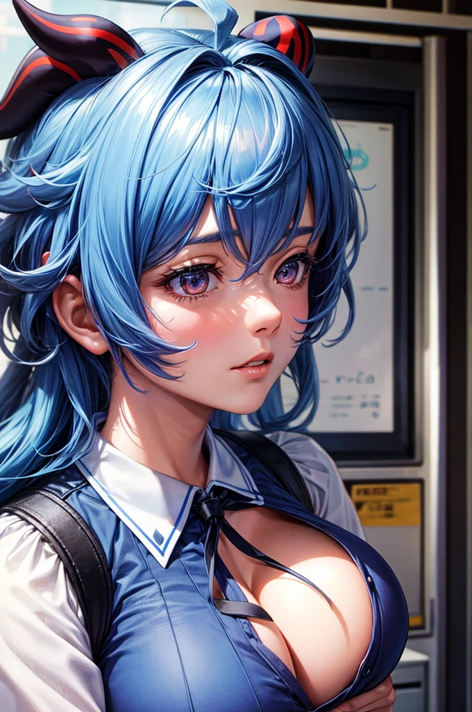 ultra realistic, 4k, hd, ewing hd, ultra detiled, 1 woman, ganyu from GI, office uniform, blue hair, horn; big breast