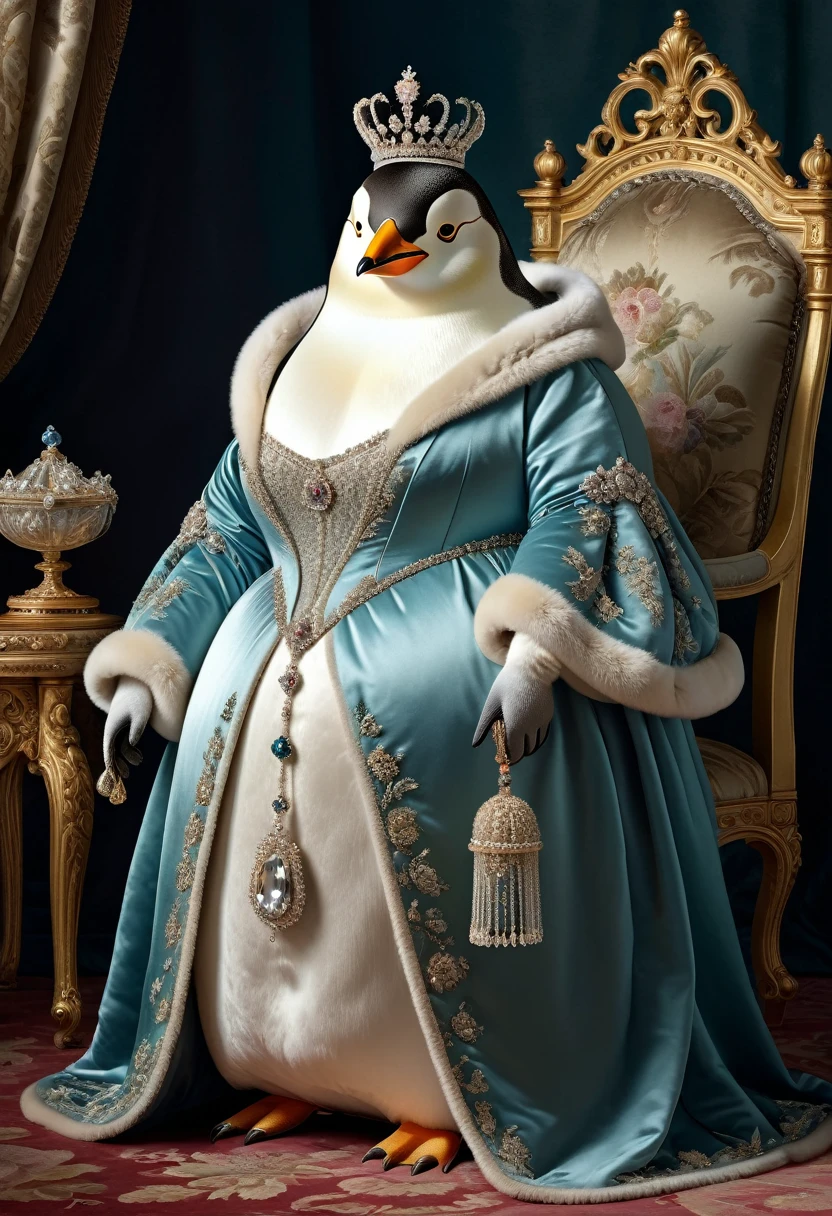 photorealistic portrait of Dressed animals - a ((fat)) penguin Queen, (full body image:1.5),(elegant pose:1.5) Wearing luxury sack-back gown,(wearing luxury tiara),holding scepter, Old-fashioned luxury clothes, detailed and opulent description of a queen's aristocratic sack-back gown in Rococo style, sitting on the throne, emphasizing luxurious fabrics, intricate embroidery, and ornate accessories, Rococo style king palace background,(viewed from side:1.5)
