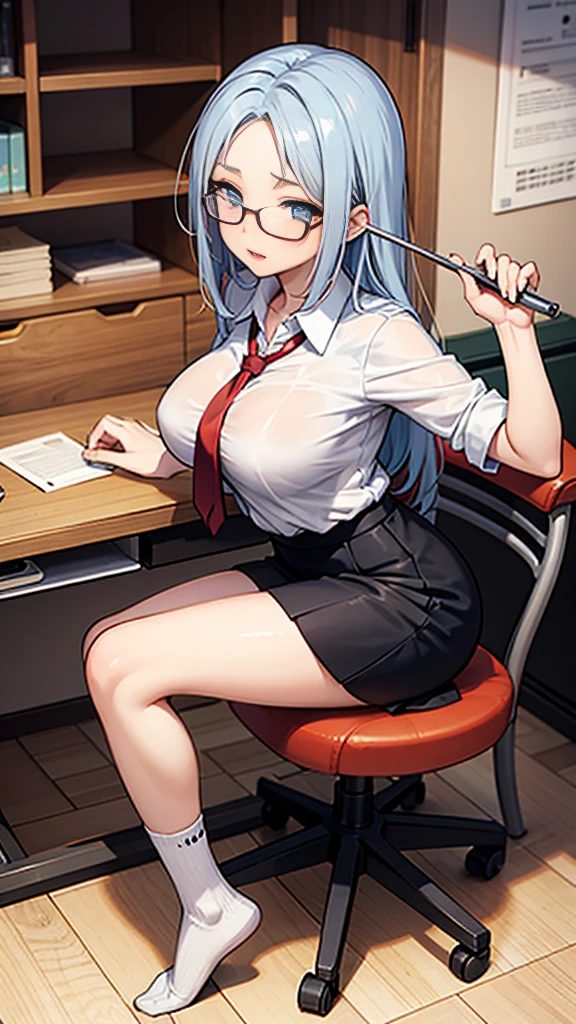 Create an anime-style illustration of a 17-year-old girl named Shizuka. She has long, straight, blue hair with bangs cut straight across her forehead. She has large, almond-shaped silver-blue eyes and porcelain-like white skin. Shizuka often wears glasses.Super big breasts、White shirt、Checked Skirt、Knee-high socks、During school lessons